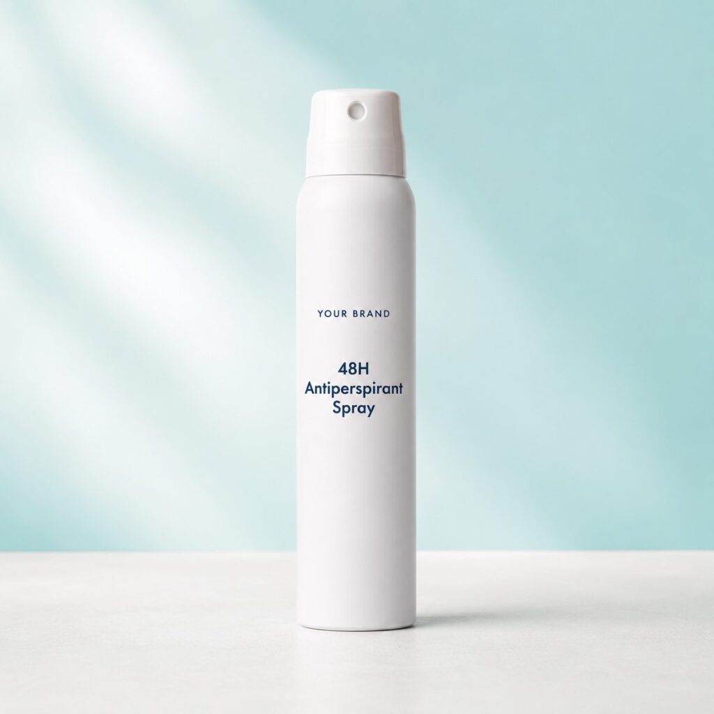 Private label 48h antiperspirant spray product mockup, OEM Malaysia