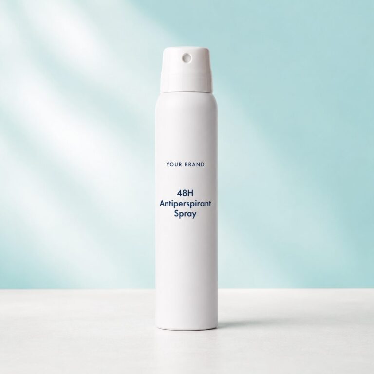 Private label 48h antiperspirant spray product mockup, OEM Malaysia