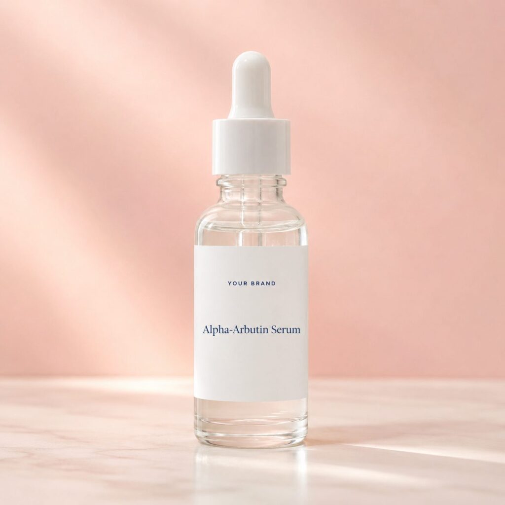 Private label alpha arbutin dark spot serum product mockup, OEM Malaysia