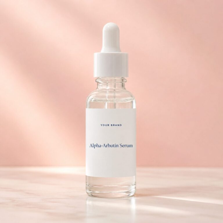 Private label alpha arbutin dark spot serum product mockup, OEM Malaysia