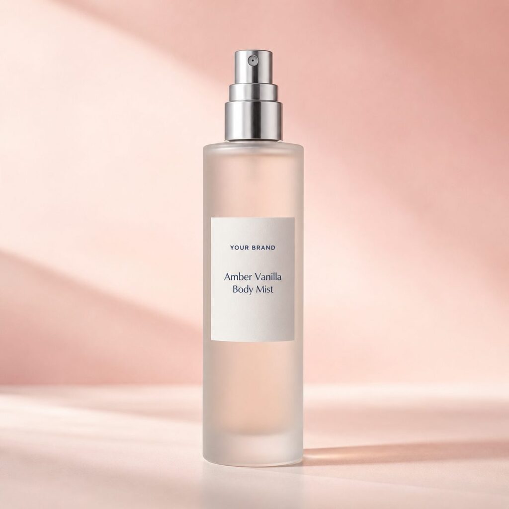 Private label amber vanilla body mist product mockup, OEM Malaysia