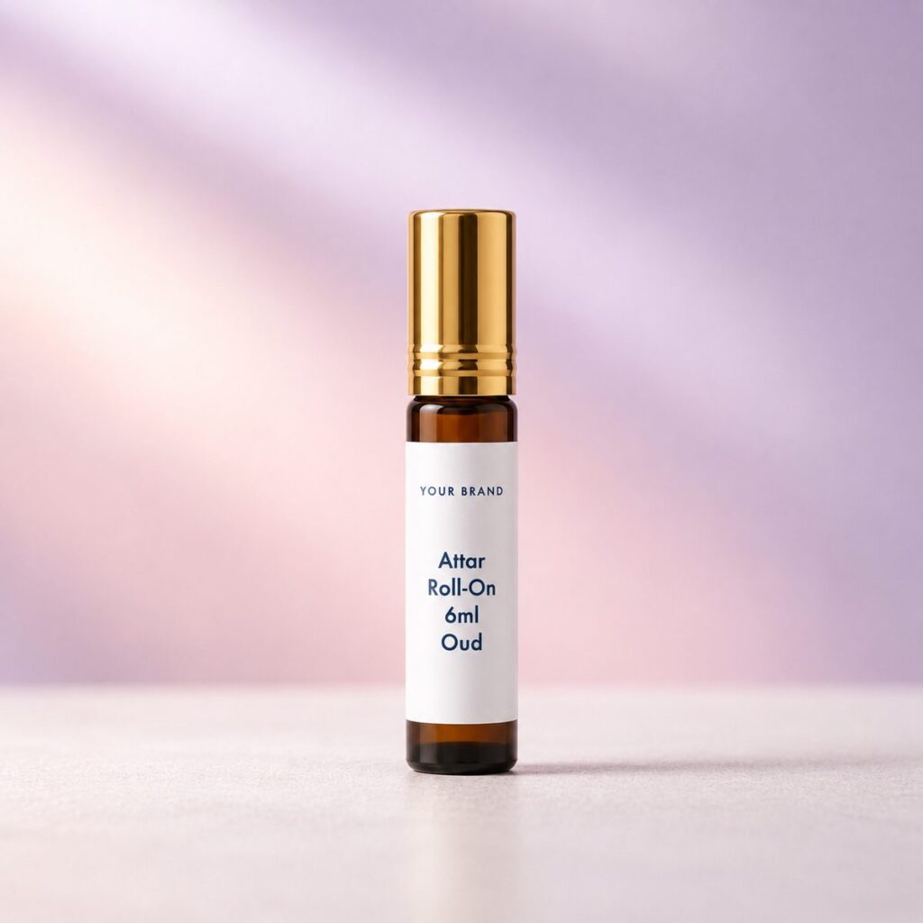 Private label attar roll on 6ml oud product mockup, OEM Malaysia