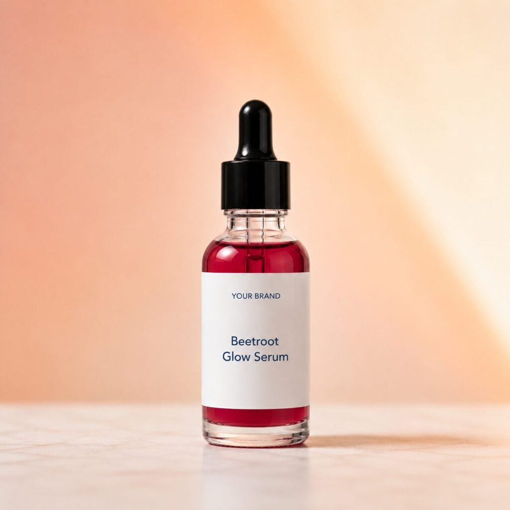 Private label beetroot glow serum product mockup, OEM Malaysia