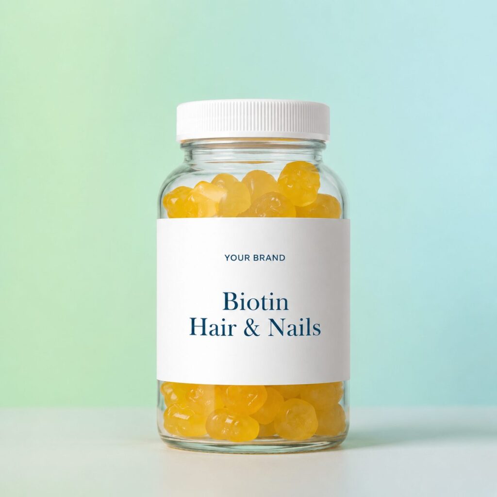 Private label biotin hair and nails gummy product mockup, OEM Malaysia
