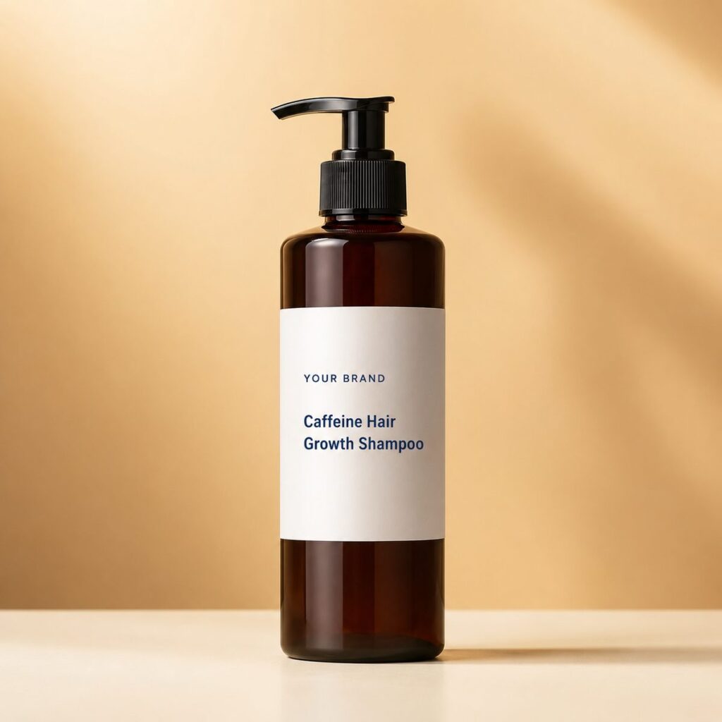 Private label caffeine hair growth shampoo product mockup, OEM Malaysia