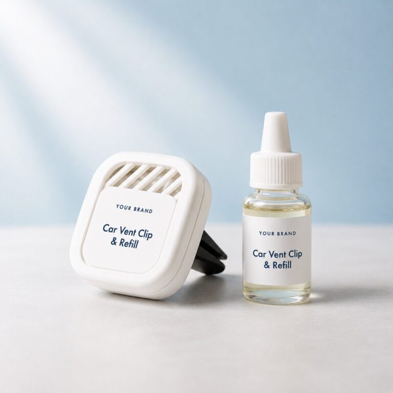 Private label car vent clip and refill product mockup, OEM Malaysia