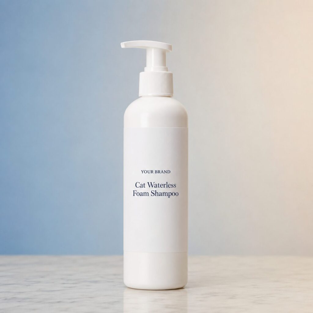Private label cat waterless foam shampoo product mockup, OEM Malaysia