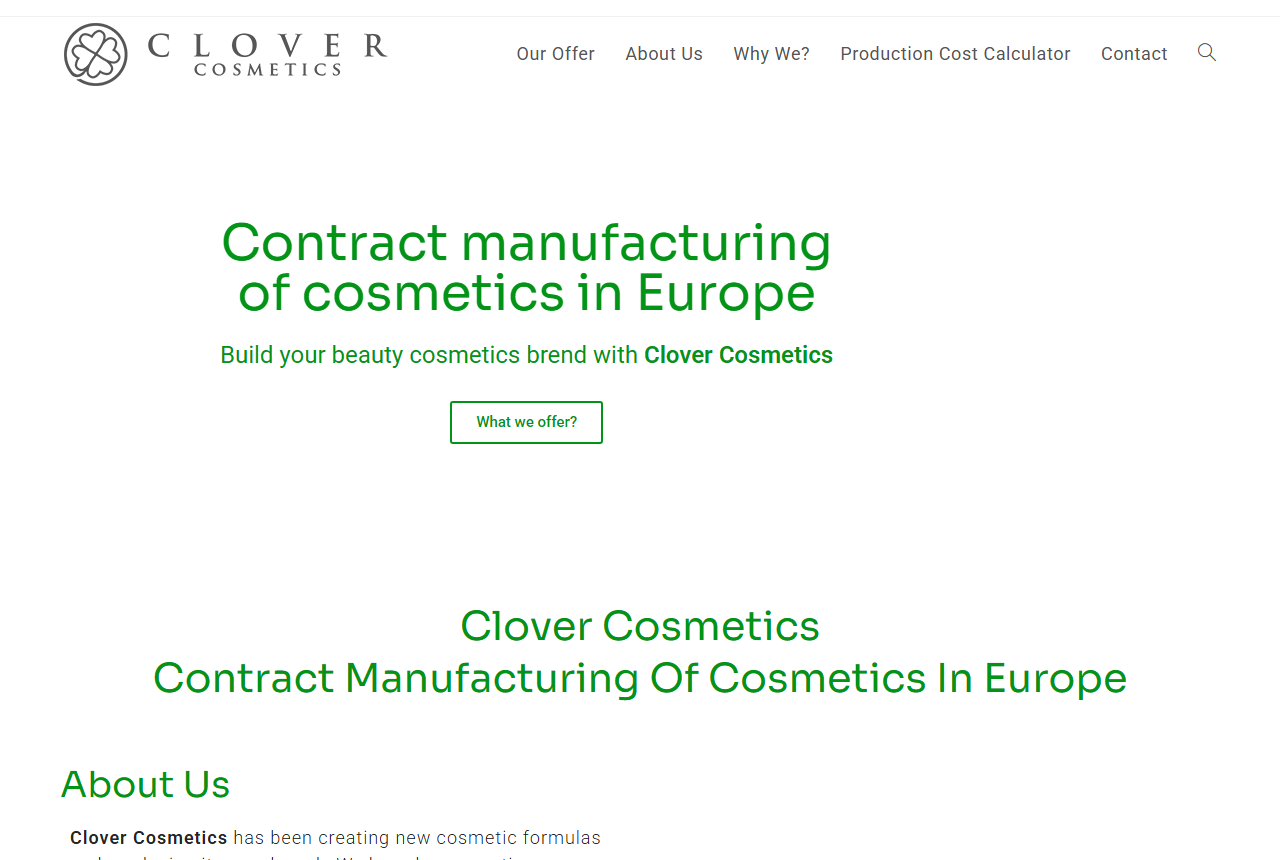 Clover Cosmetics private label manufacturer website
