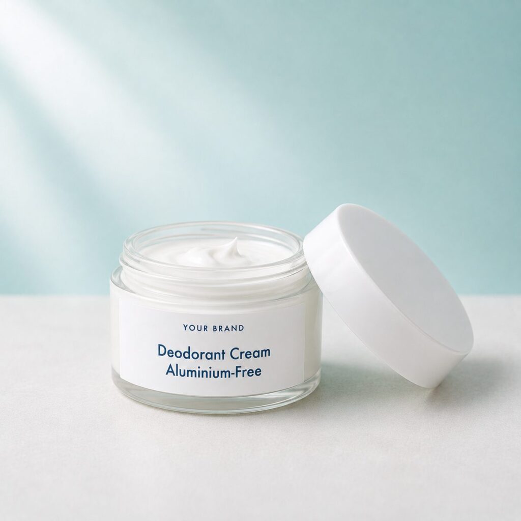 Private label deodorant cream aluminium free product mockup, OEM Malaysia
