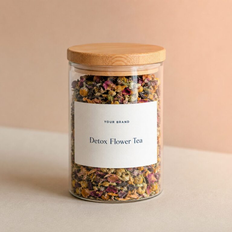 Private label detox flower tea blend product mockup, OEM Malaysia