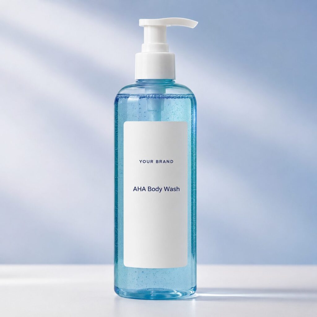 Private label exfoliating aha body wash product mockup, OEM Malaysia