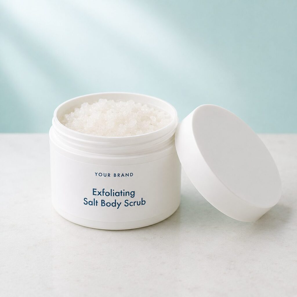 Private label exfoliating salt body scrub product mockup, OEM Malaysia
