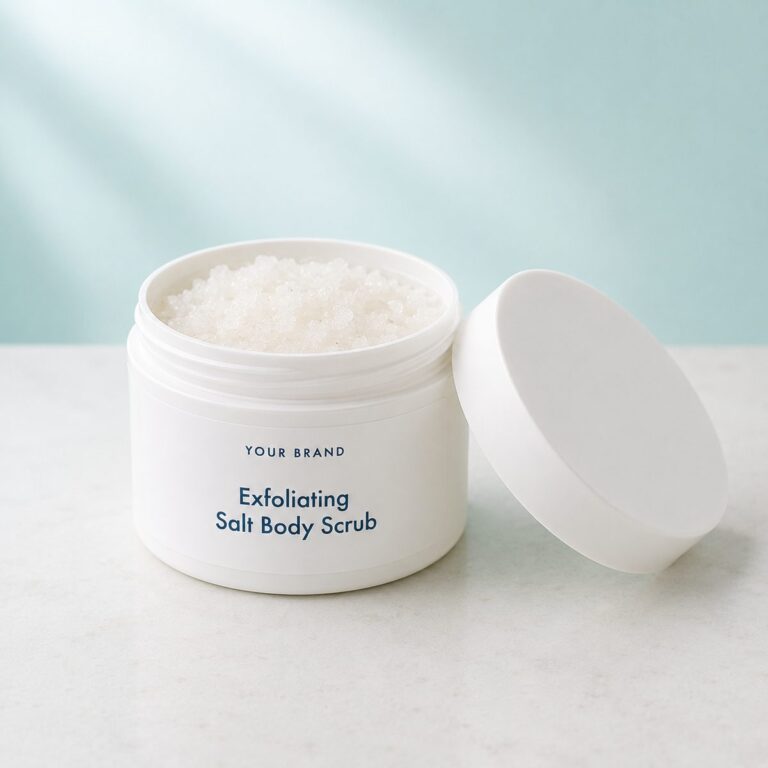 Private label exfoliating salt body scrub product mockup, OEM Malaysia