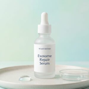 Private label exosome repair serum dropper bottle mockup, dermatologist grade OEM Malaysia