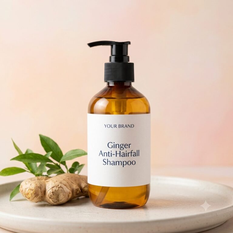 Private label ginger anti-hairfall shampoo bottle mockup, OEM Malaysia