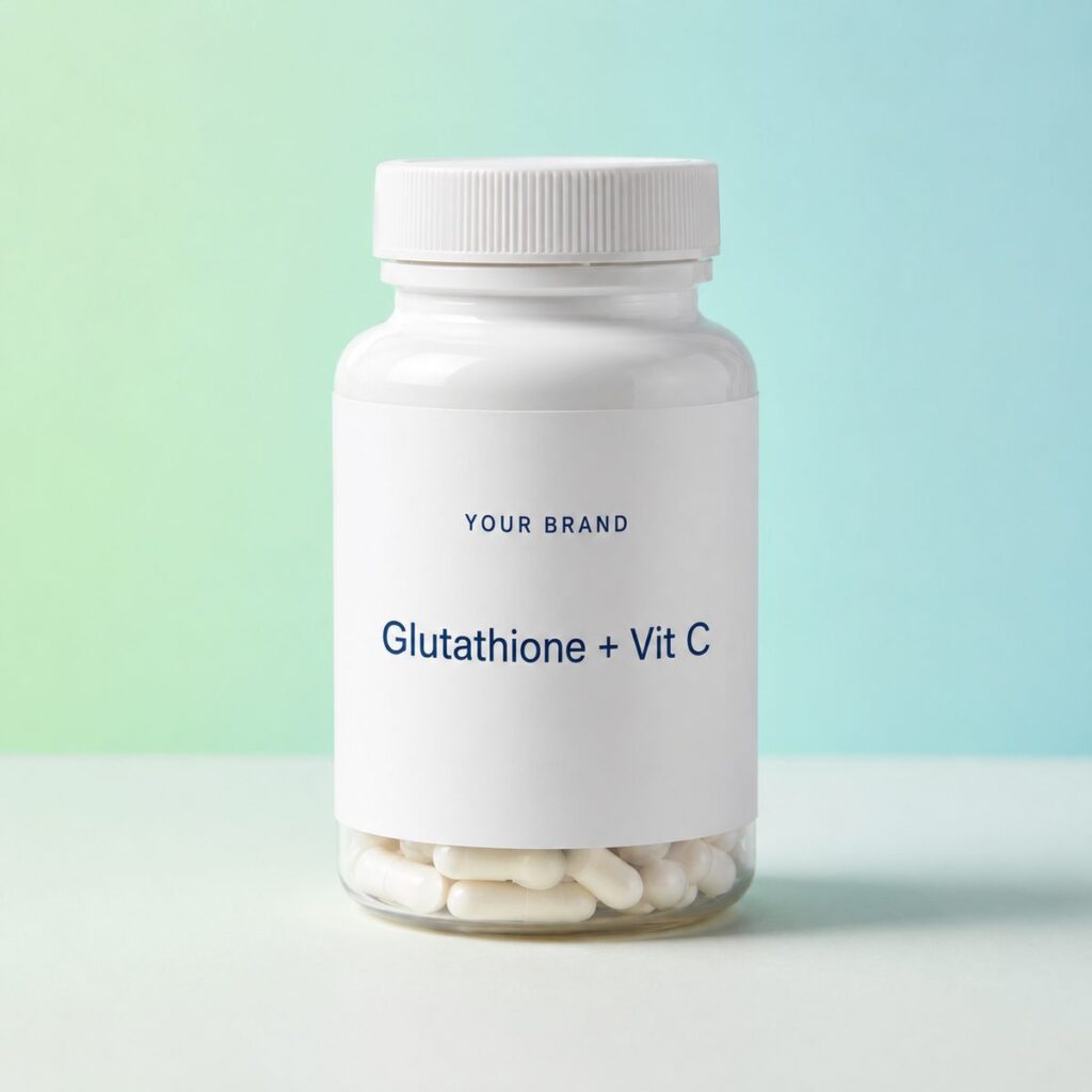 Private label glutathione vit c brightening capsule product mockup, OEM Malaysia