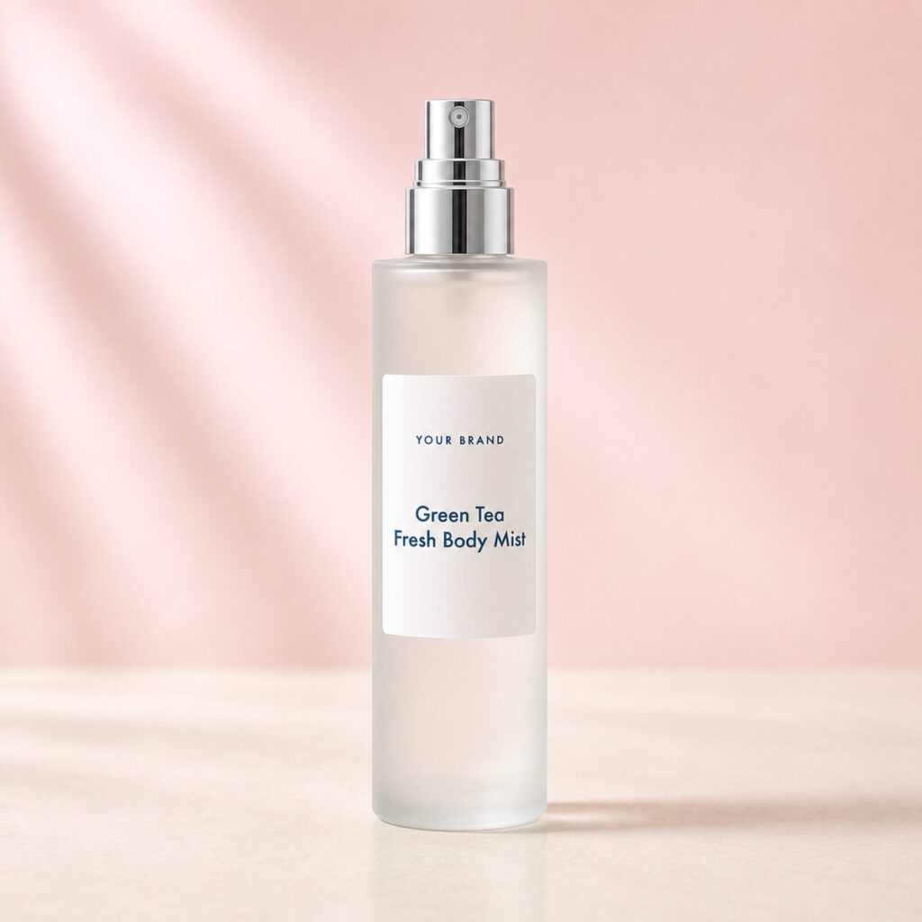 Private label green tea fresh body mist product mockup, OEM Malaysia