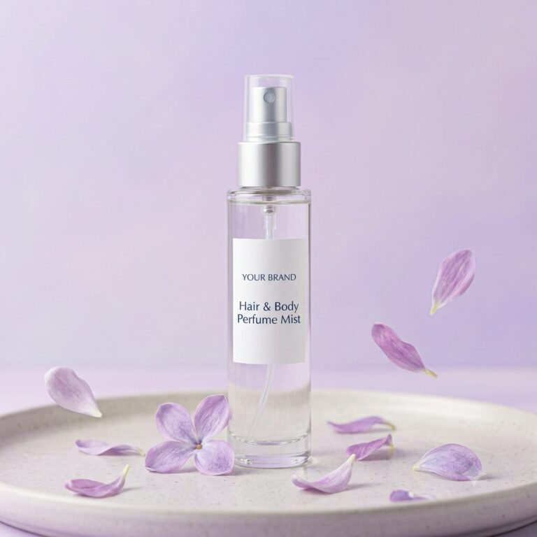 Private label hair and body perfume mist bottle mockup, OEM Malaysia