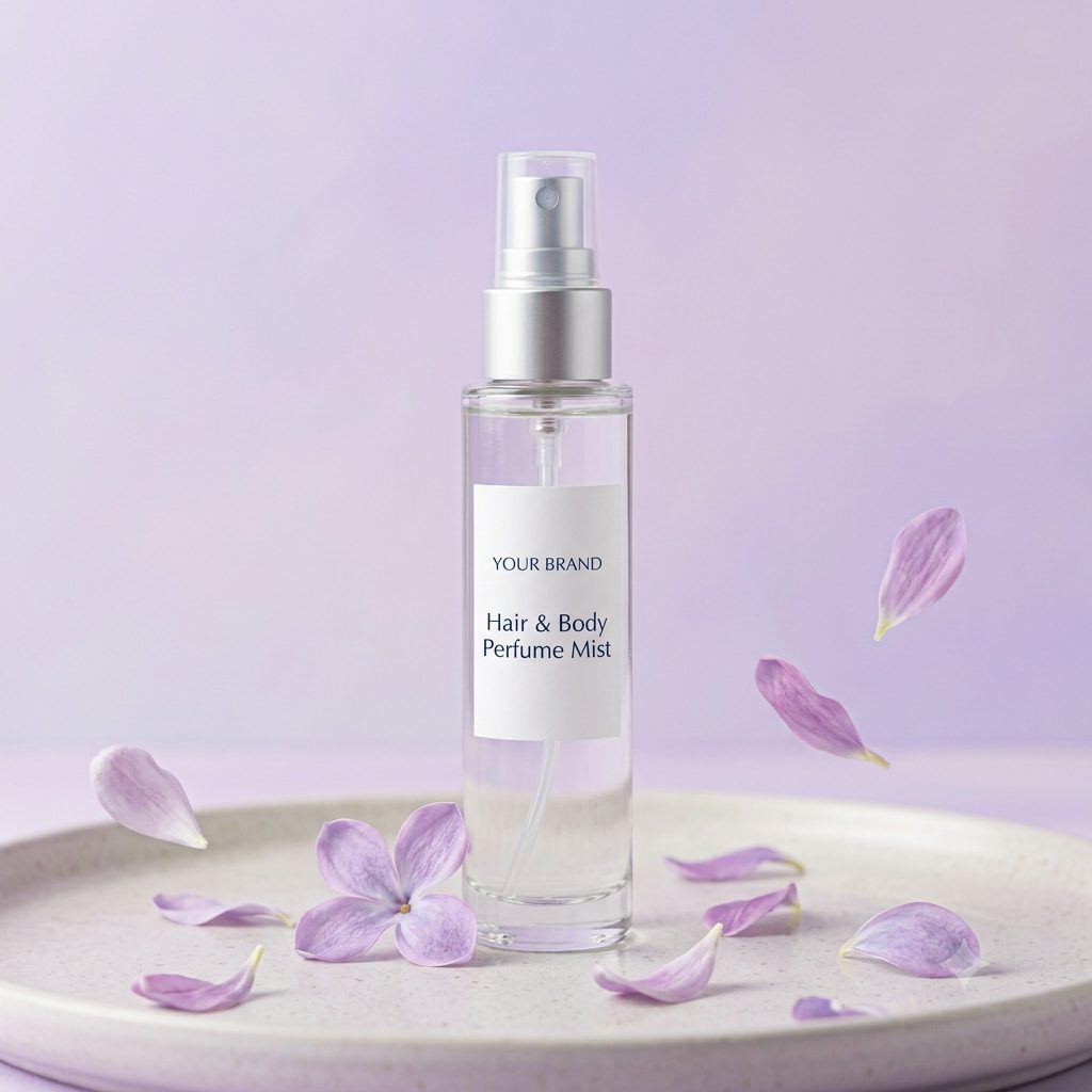 Private label hair and body perfume mist bottle mockup, OEM Malaysia