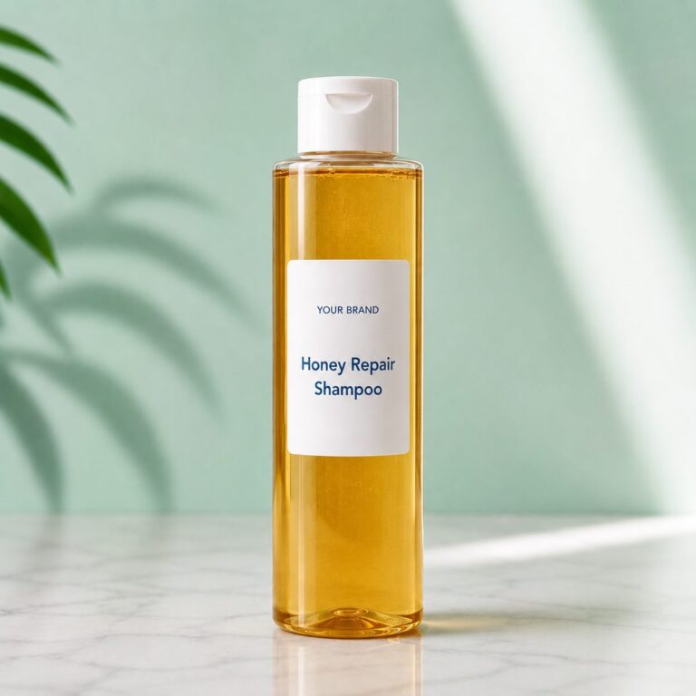 Private label honey repair shampoo product mockup, OEM Malaysia