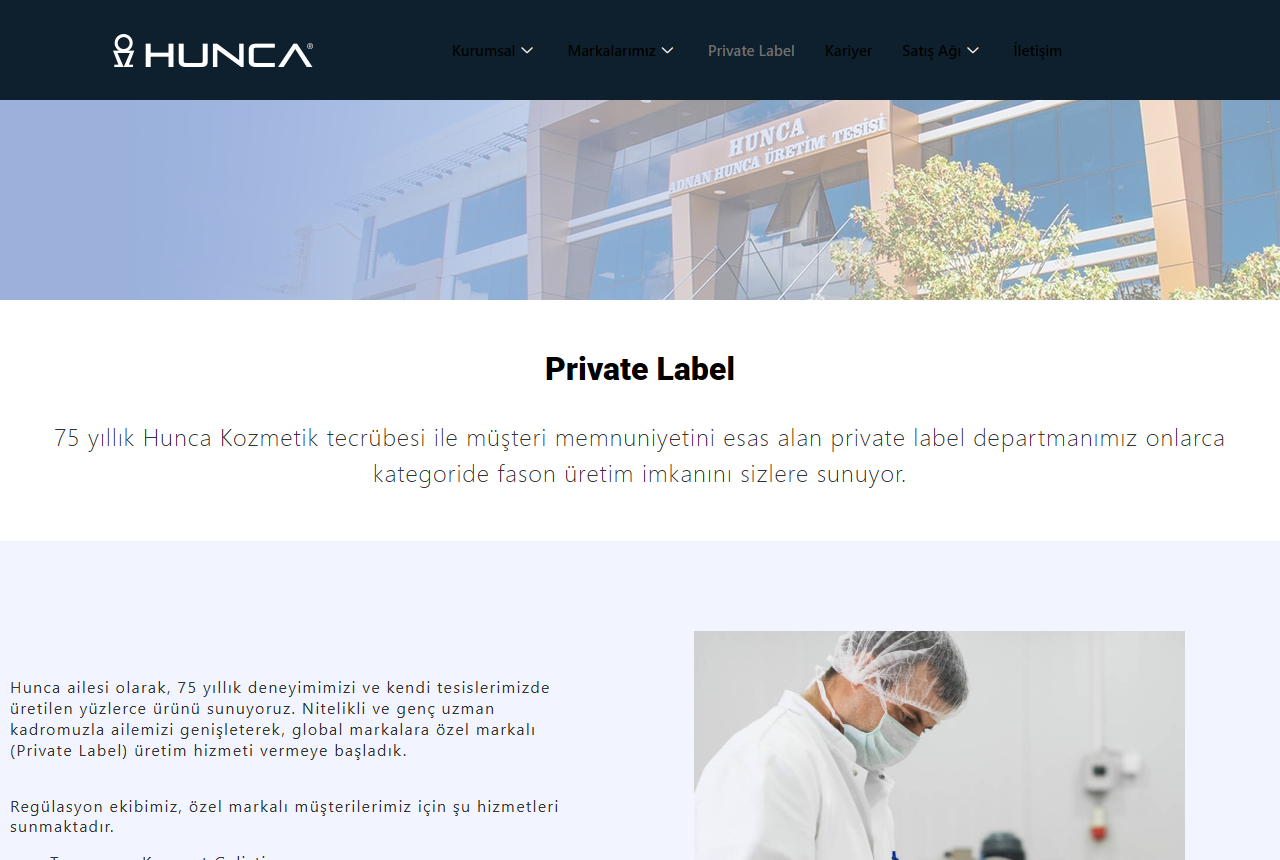Hunca Kozmetik private label manufacturing page