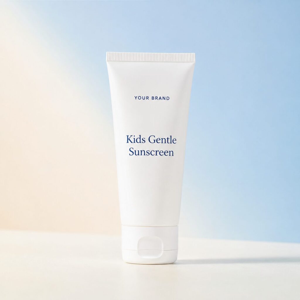 Private label kids gentle sunscreen product mockup, OEM Malaysia