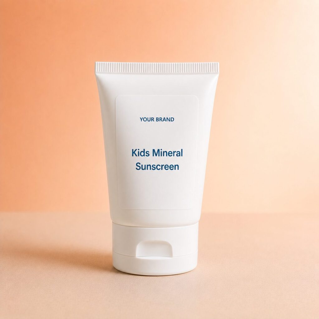 Private label kids mineral sunscreen product mockup, OEM Malaysia