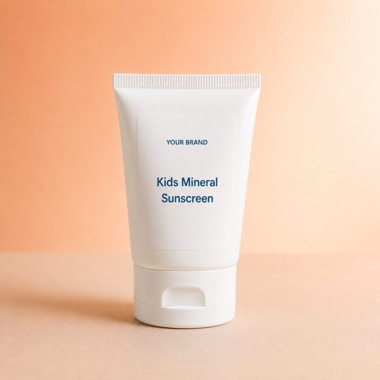 Private label kids mineral sunscreen product mockup, OEM Malaysia