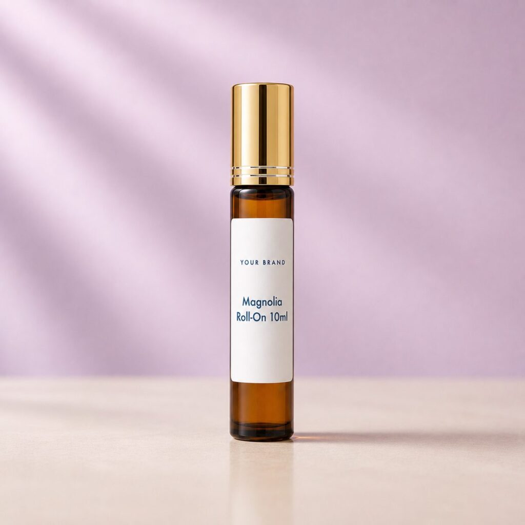 Private label magnolia roll on 10ml product mockup, OEM Malaysia