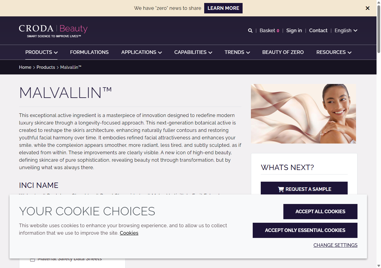 Malvallin product page on Croda Beauty's website