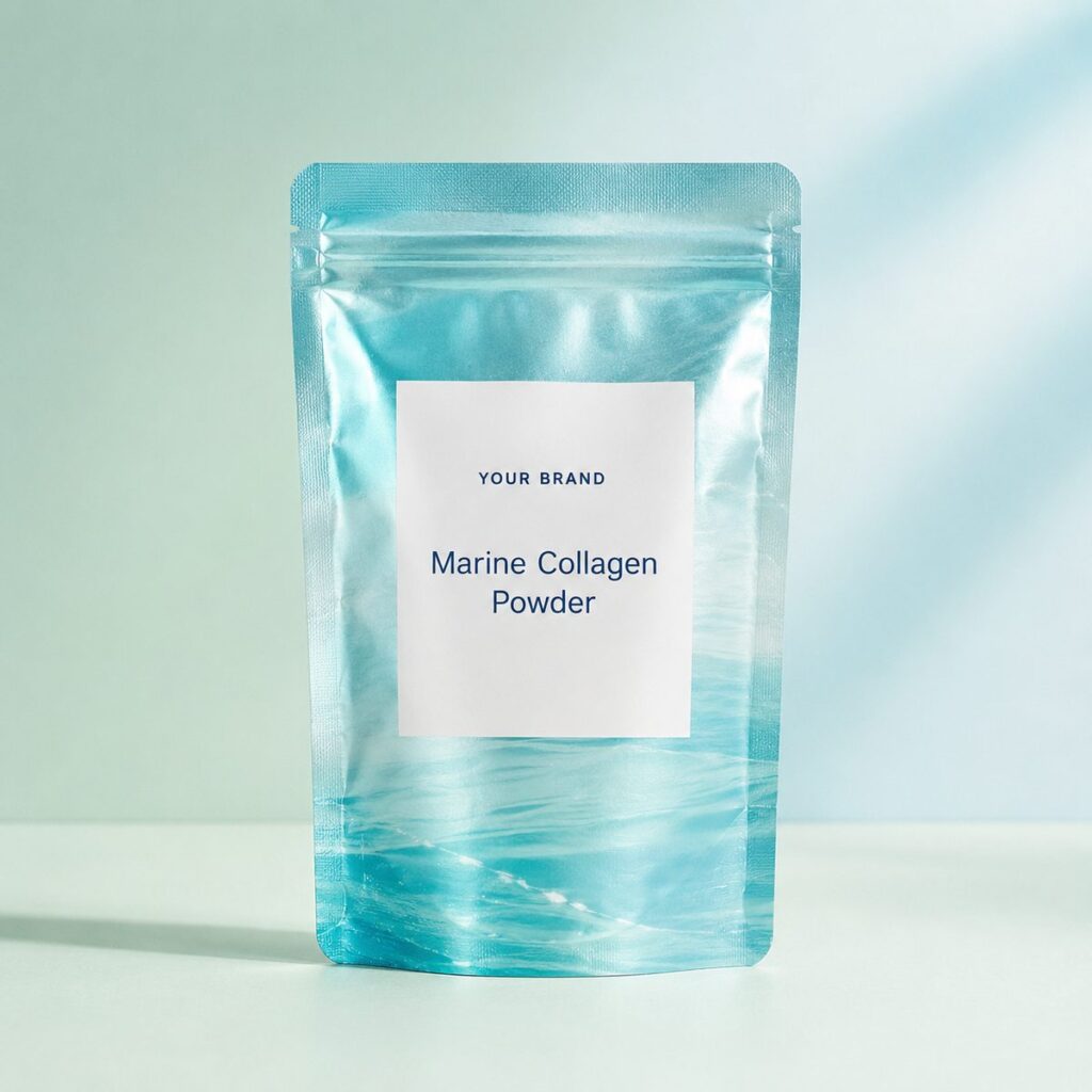 Private label marine collagen powder product mockup, OEM Malaysia
