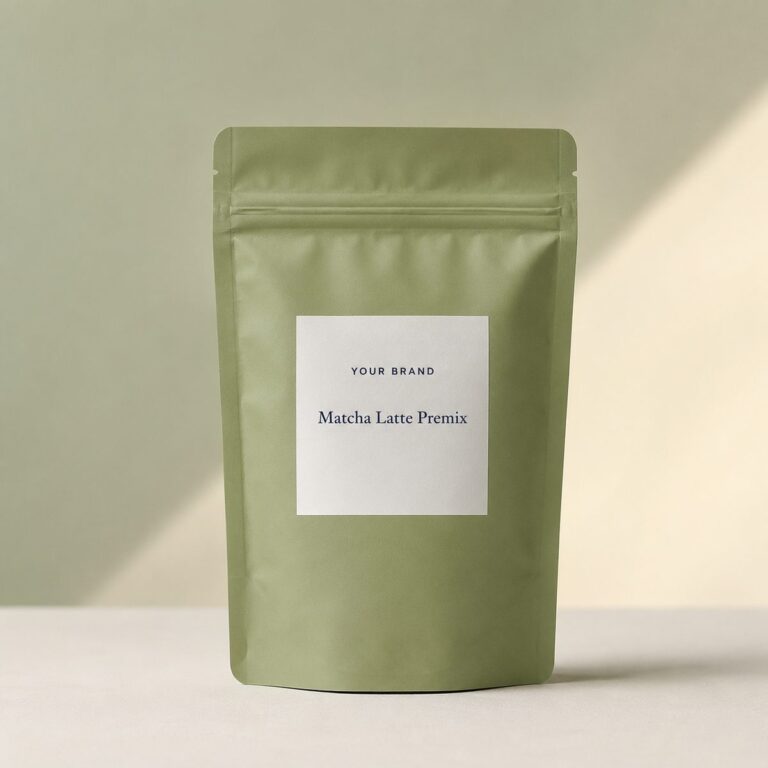 Private label matcha latte premix product mockup, OEM Malaysia