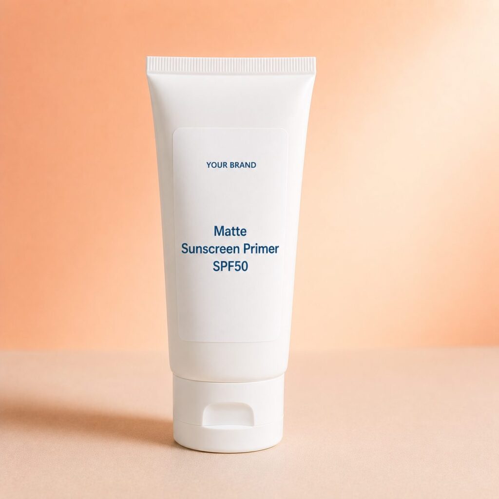 Private label matte sunscreen and primer spf50 product mockup, OEM Malaysia