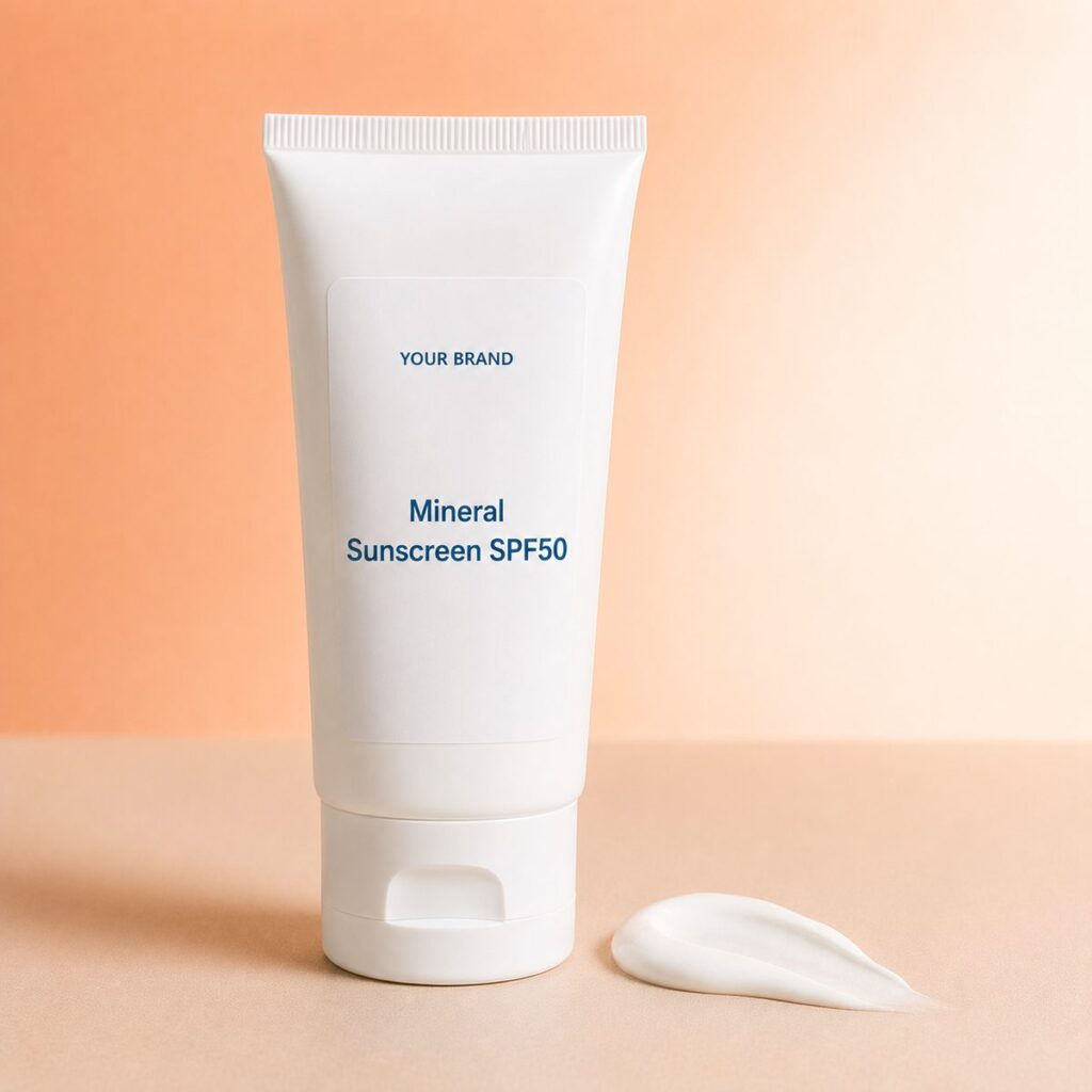 Private label mineral physical sunscreen spf50 product mockup, OEM Malaysia