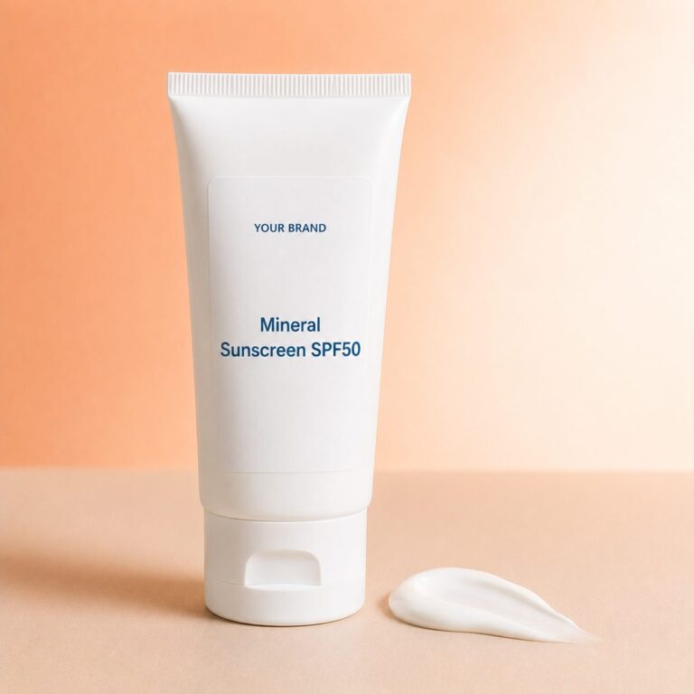 Private label mineral physical sunscreen spf50 product mockup, OEM Malaysia