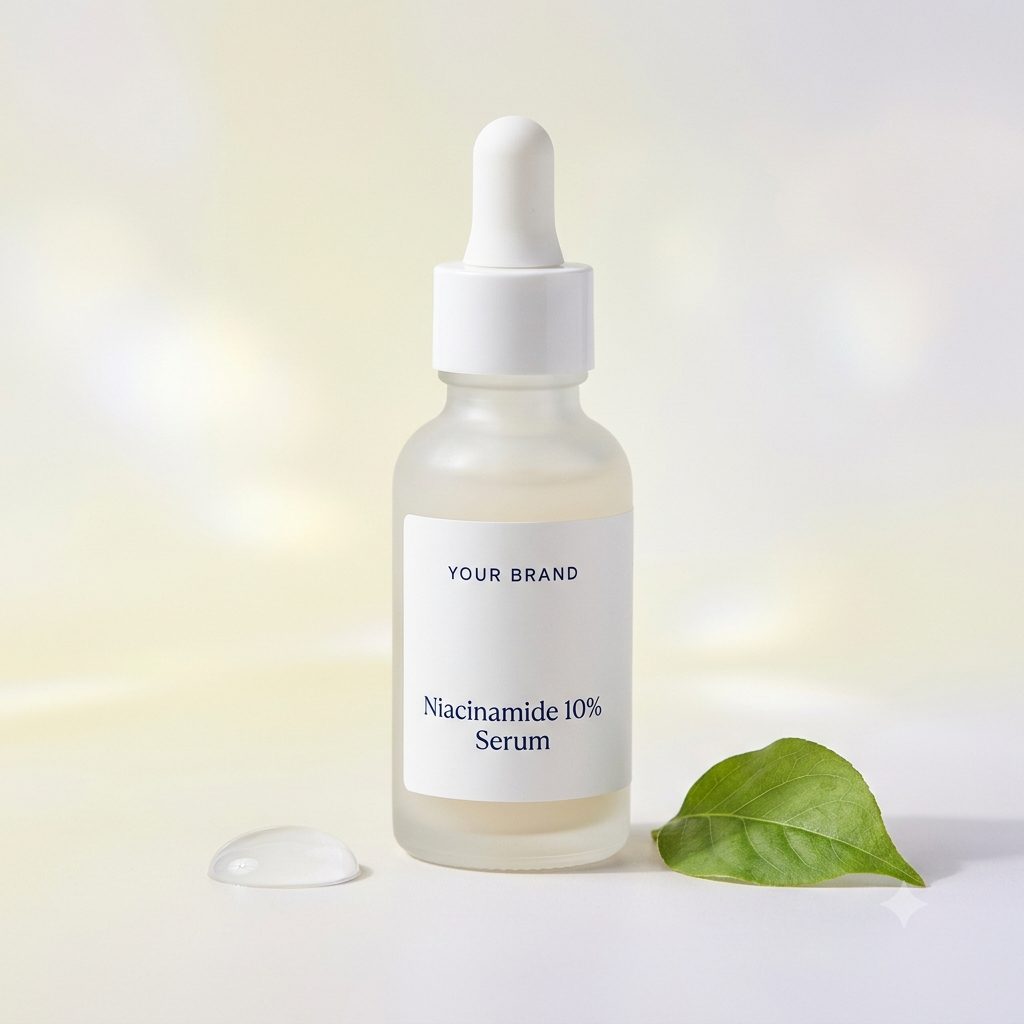 Private label niacinamide 10 percent serum dropper bottle mockup, OEM Malaysia