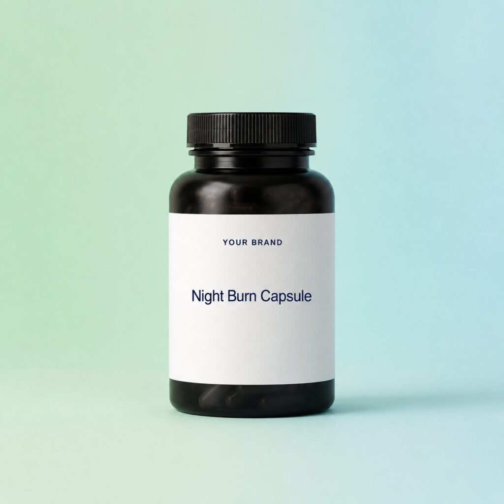 Private label night burn capsule product mockup, OEM Malaysia