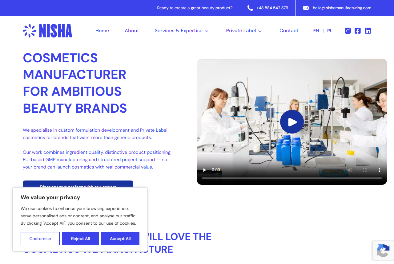 NISHA Manufacturing cosmetics website