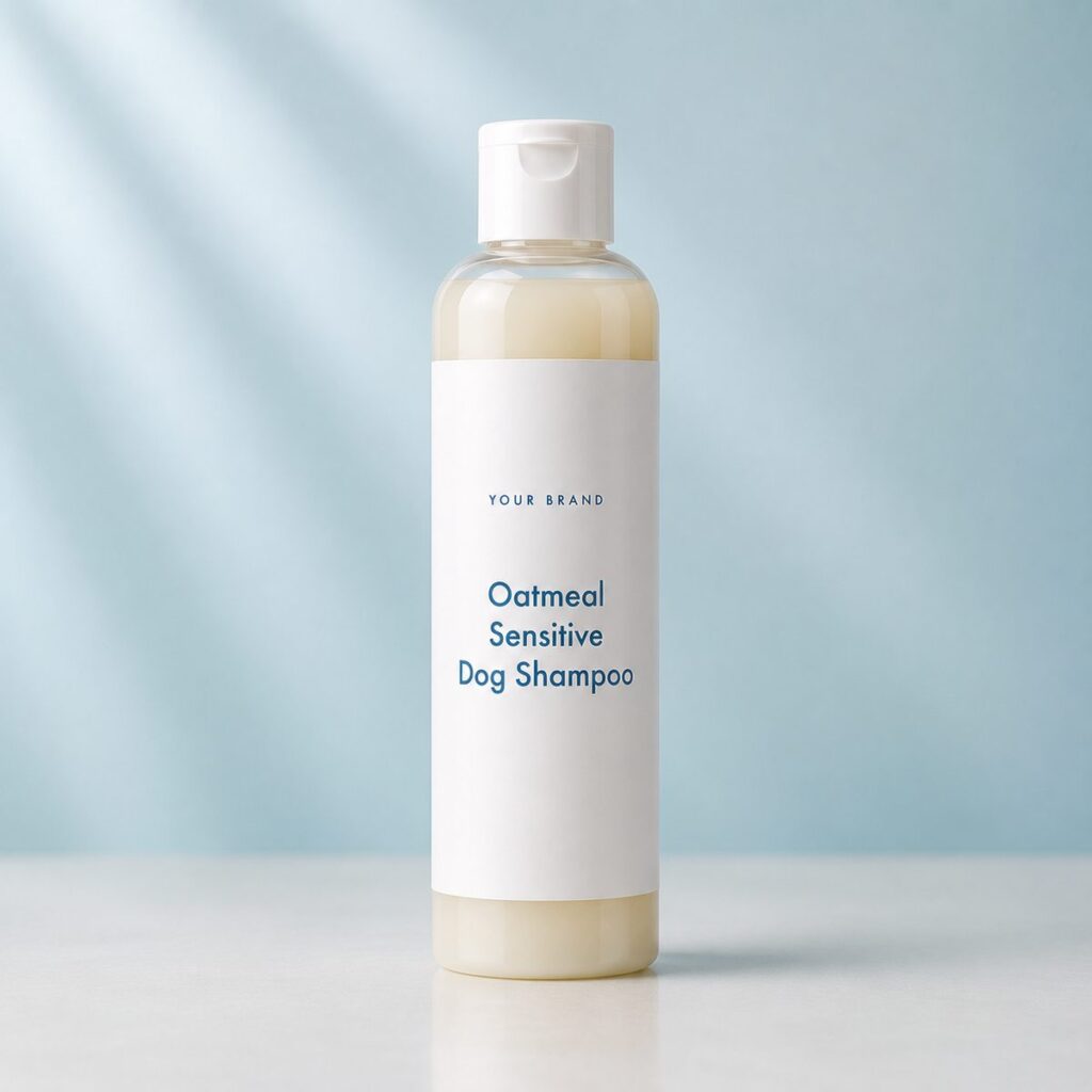 Private label oatmeal sensitive dog shampoo product mockup, OEM Malaysia