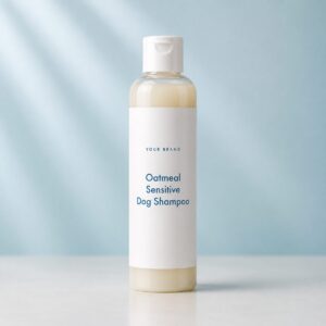 Private label oatmeal sensitive dog shampoo product mockup, OEM Malaysia