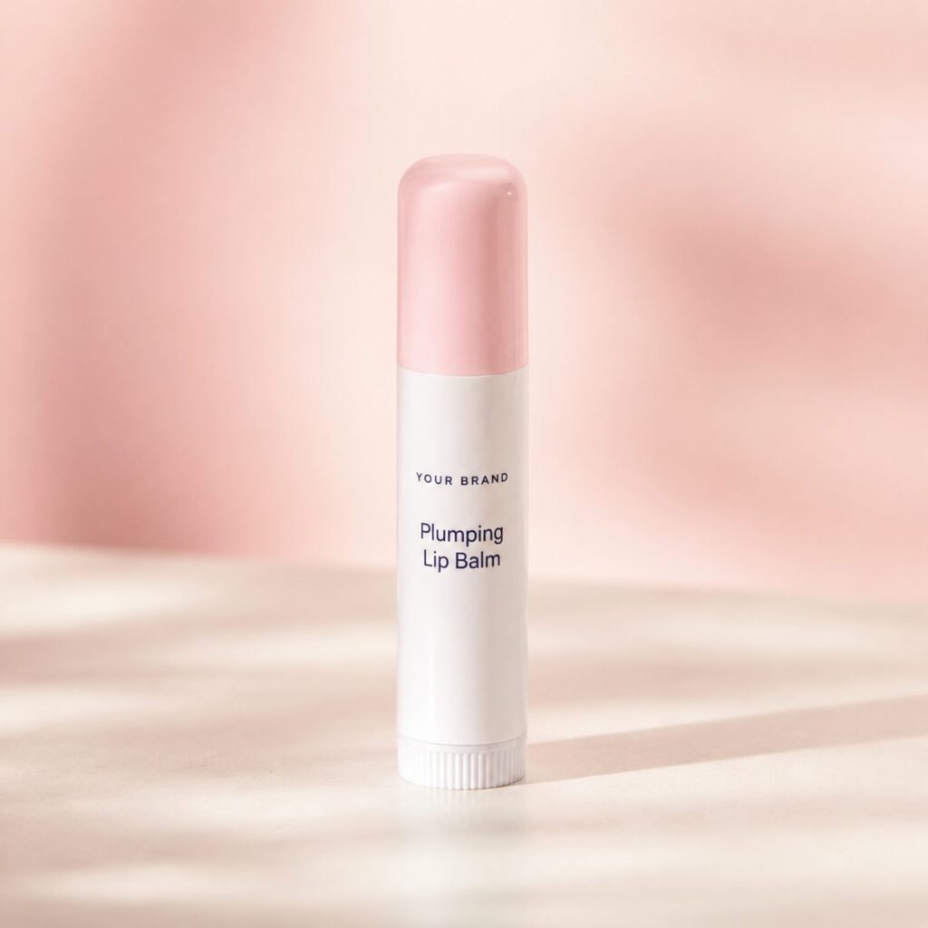 Private label peptide plumping lip balm product mockup, OEM Malaysia
