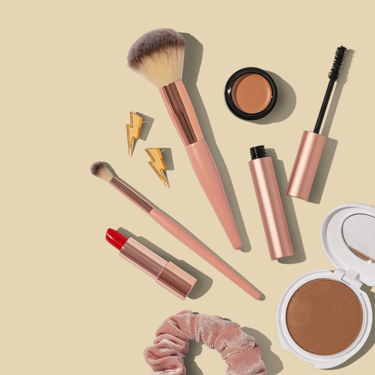 makeup manufacturing companies products flatlay showing cosmetics and beauty items