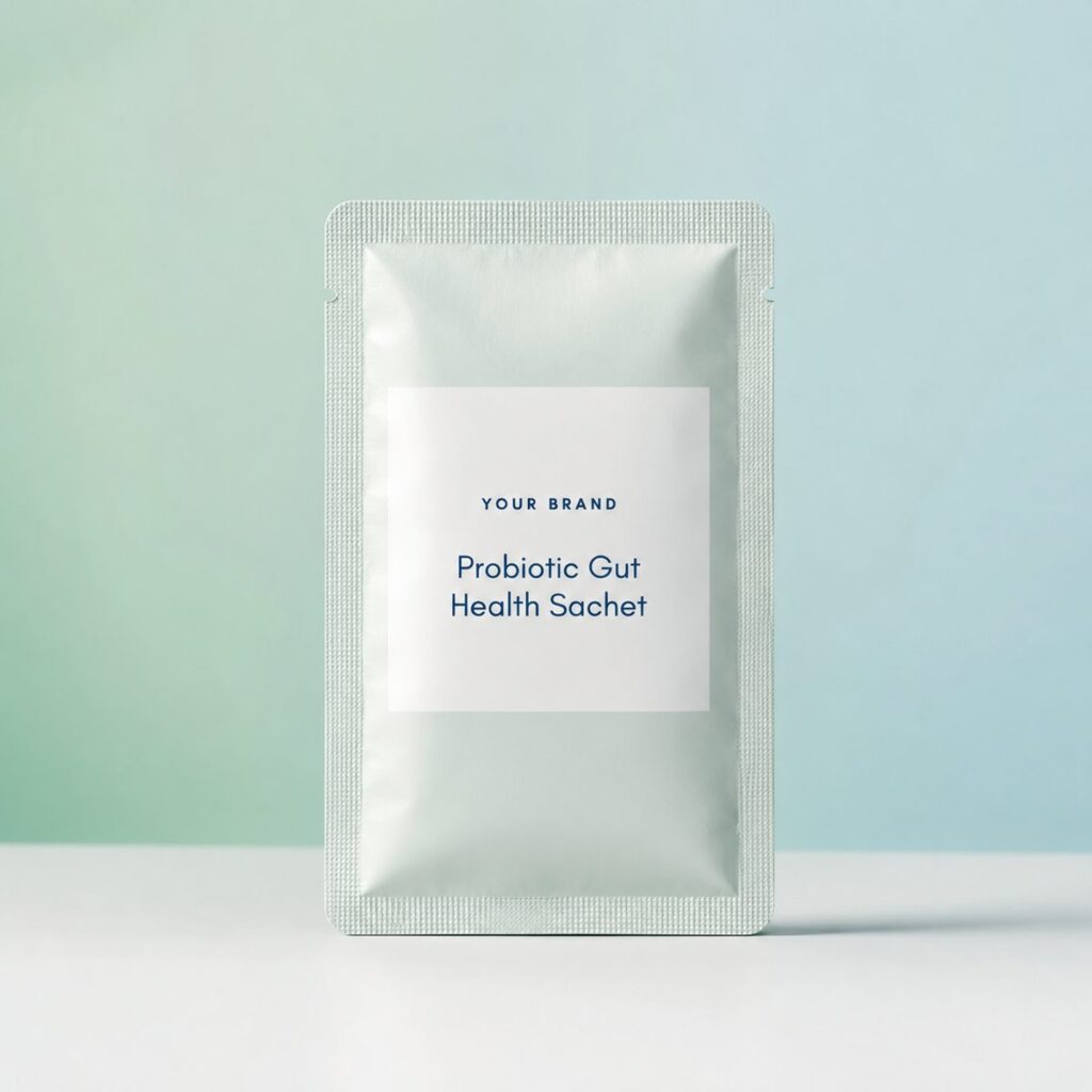 Private label probiotic gut sachet product mockup, OEM Malaysia