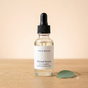 Private label retinol anti-aging serum dropper bottle mockup, OEM Malaysia