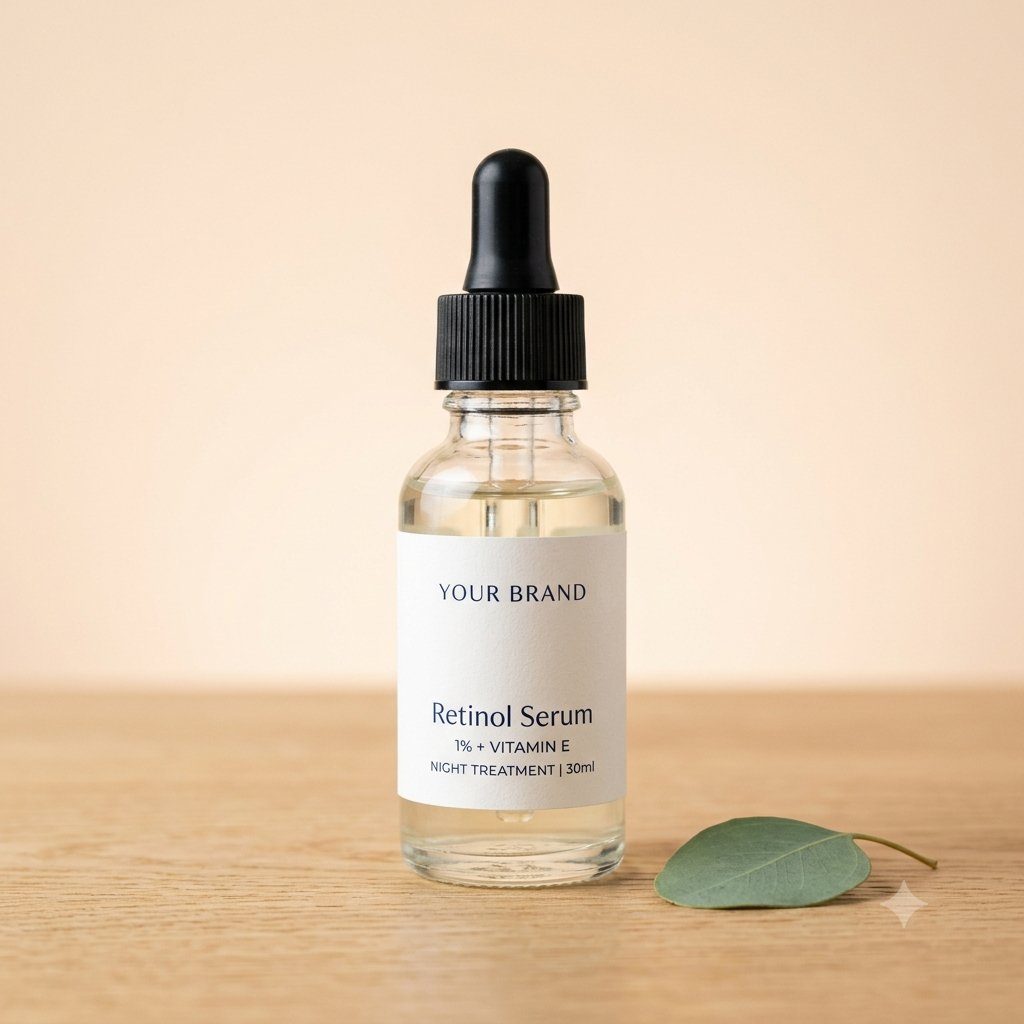 Private label retinol anti-aging serum dropper bottle mockup, OEM Malaysia
