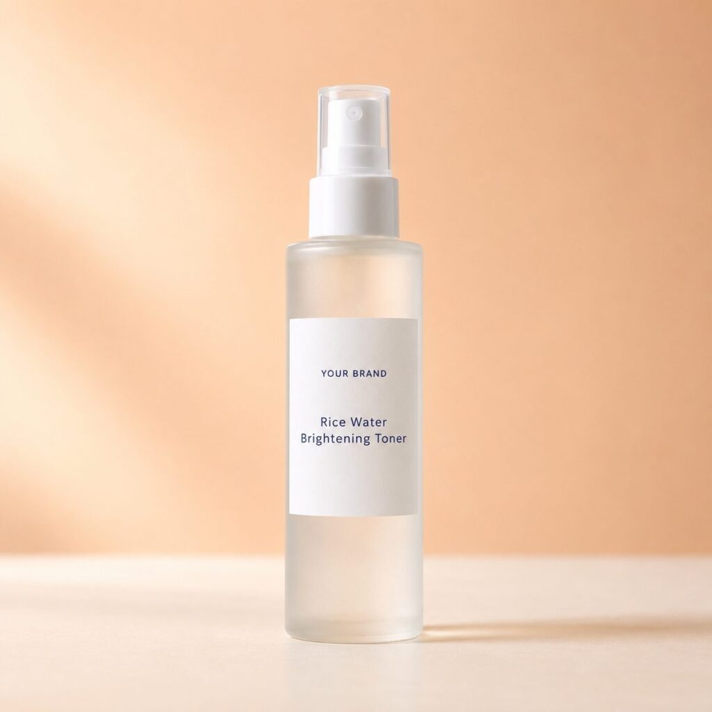 Private label rice water brightening toner product mockup, OEM Malaysia