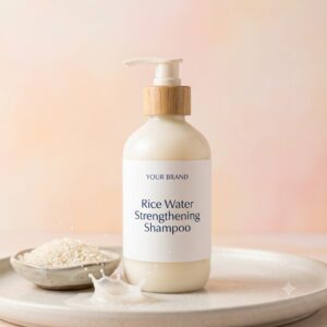 Private label rice water strengthening shampoo bottle mockup, OEM Malaysia