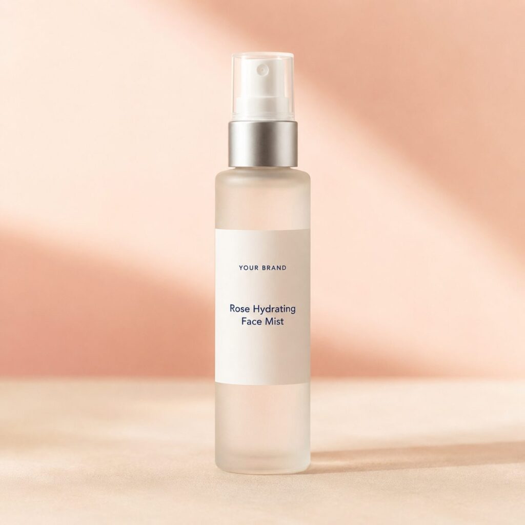 Private label rose hydrating face mist product mockup, OEM Malaysia