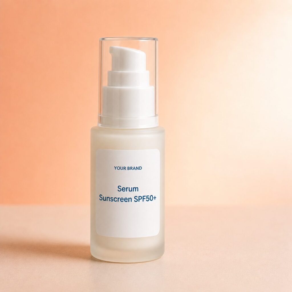 Private label serum sunscreen spf50 product mockup, OEM Malaysia