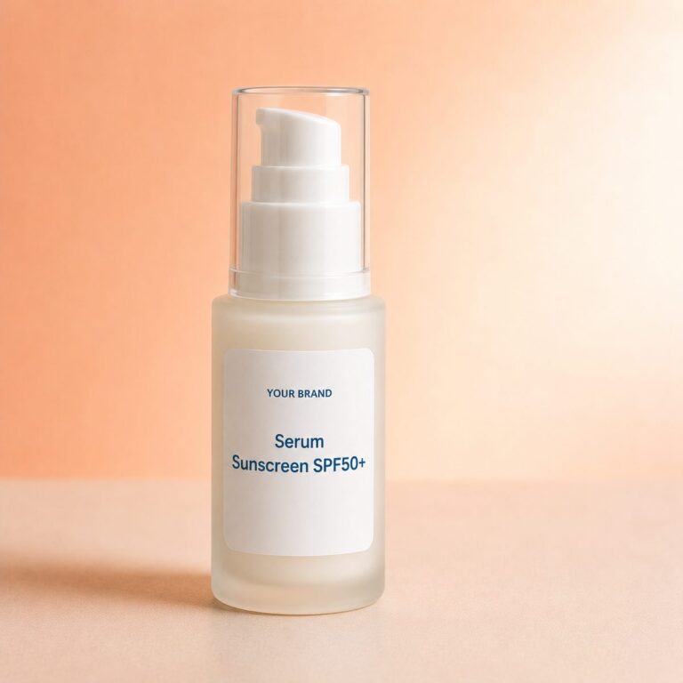 Private label serum sunscreen spf50 product mockup, OEM Malaysia